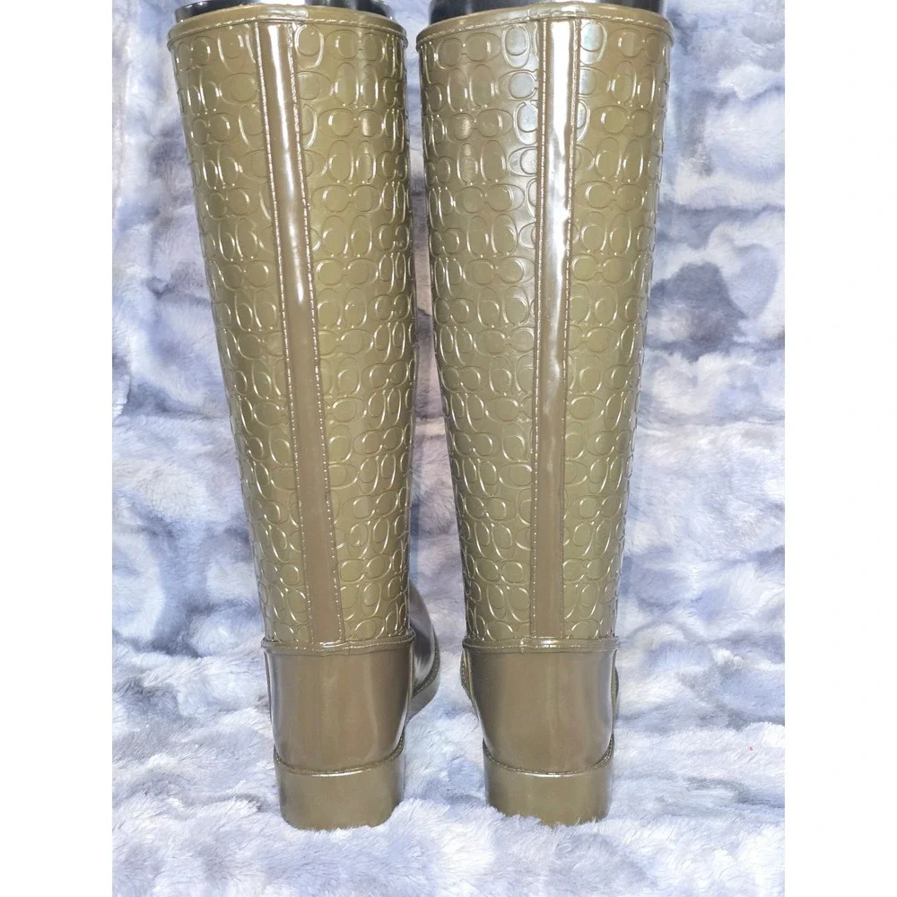NWB Coach Tudor Shiny Rubber Signature Logo‎ Tall Rain Boots Fatigue 7